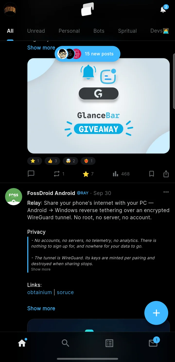 The gramX home feed. Telegram folders run across the top as tabs, a button says 15 new posts, and posts from different channels follow one another in a single timeline.