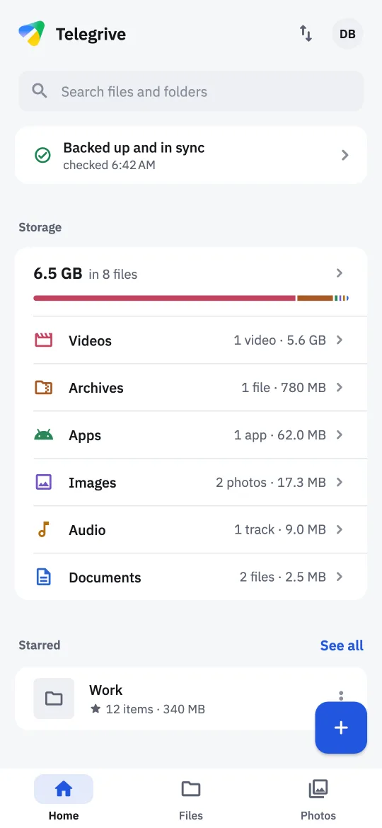 Telegrive's Home screen: backed up and in sync, with 6.5 GB stored in 8 files, listed by kind as videos, archives, apps, images, audio and documents.